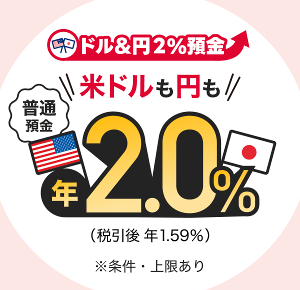 ドル&円2%預金 米ドルも円も 普通預金 年2.0%(税引後 年1.59%) ※条件・上限あり