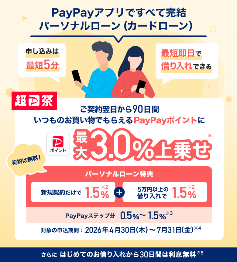 PayPay�A�v���ł��ׂĊ��� �p�[�\�i�����[���i�J�[�h���[���j �\�����݂͍ŒZ5�� �ŒZ�����Ŏ؂����ł��� ��PayPay�� ���_�񗂓�����90���Ԃ����̂��������ł��炦��PayPay�|�C���g�ɍő�3.0����悹��1 �_��͖����I �p�[�\�i�����[�����T �V�K�_�񂾂���1.5����2 �{ 5���~�ȏ�̎؂�����1.5����2 PayPay�X�e�b�v�� 0.5���`1.5����3 �Ώۂ̐\�����ԁF2026�N4��30���i�ؗj���j����7��31���i���j���j��4 ����� �͂��߂Ă̂��؂���ꂩ��30���Ԃ͗���������5