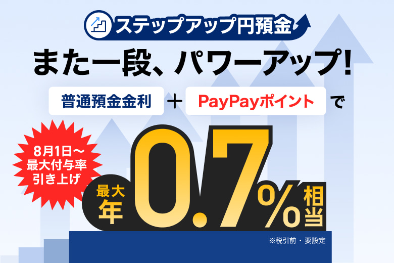 ステップアップ円預金 また一段、パワーアップ! 普通預金金利+PayPayポイントで8月1日から最大付与率引き上げ 最大 年0.7%相当 ※税引前・要設定