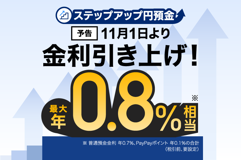 ステップアップ円預金 予告 11月1日より金利引き上げ! 最大年0.8%相当※ ※普通預金金利 年0.7%、PayPayポイント 年0.1%の合計(税引前、要設定)