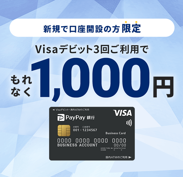 新規で口座開設の方限定 Visaデビット3回ご利用でもれなく1,000円