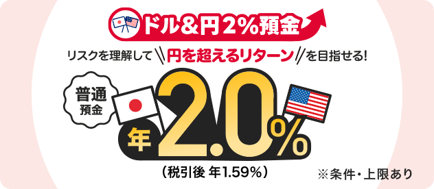ドル&円2%預金 リスクを理解して円を超えるリターンを目指せる! 普通預金 年2.0%(税引後 年1.59%) ※条件・上限あり