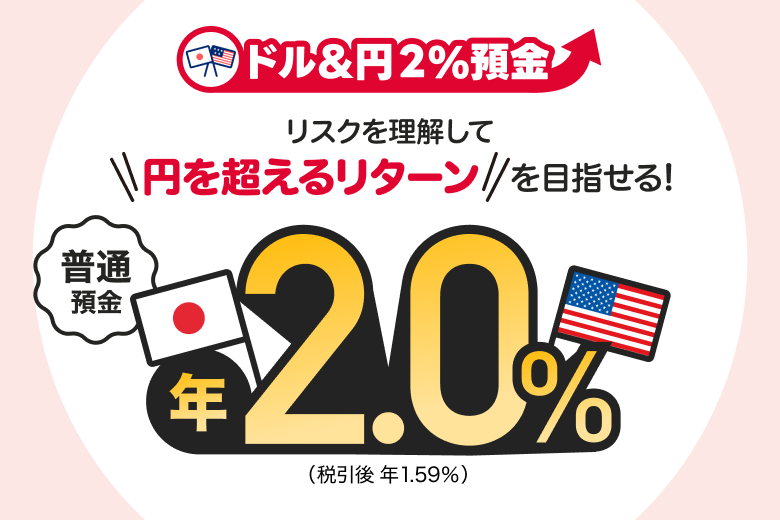 ドル&円2%預金 リスクを理解して円を超えるリターンを目指せる! 普通預金 金利年2.0%(税引後 年1.59%)