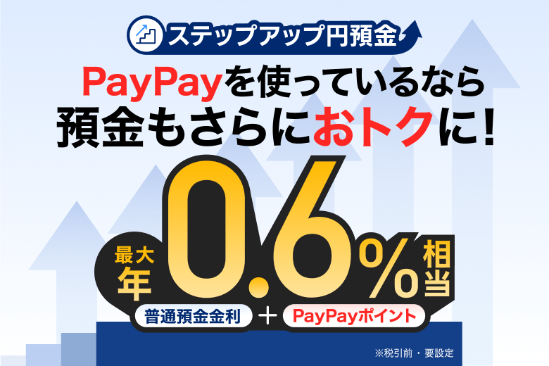 ステップアップ円預金 PayPayを使っているなら預金もさらにおトクに! 普通預金金利+PayPayポイント 最大年0.6%相当 ※税引前・要設定